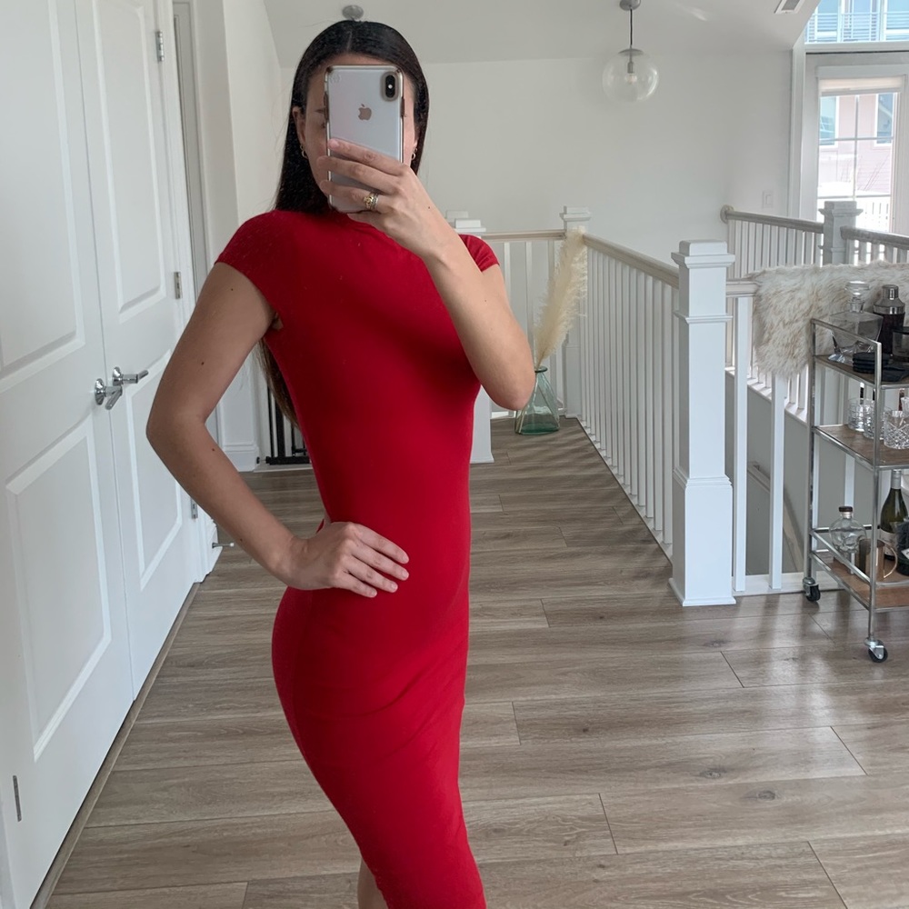 Amazing red mock neck midi dress
